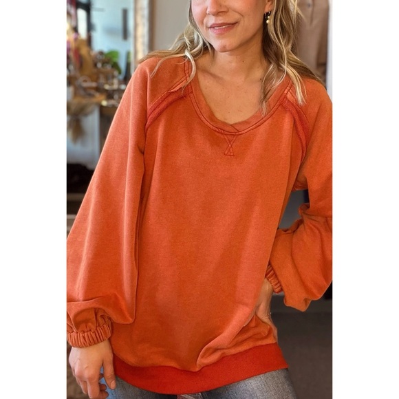 POL Rusted Orange Criss Cross Back Slouchy French Terry Pullover - Picture 11 of 12